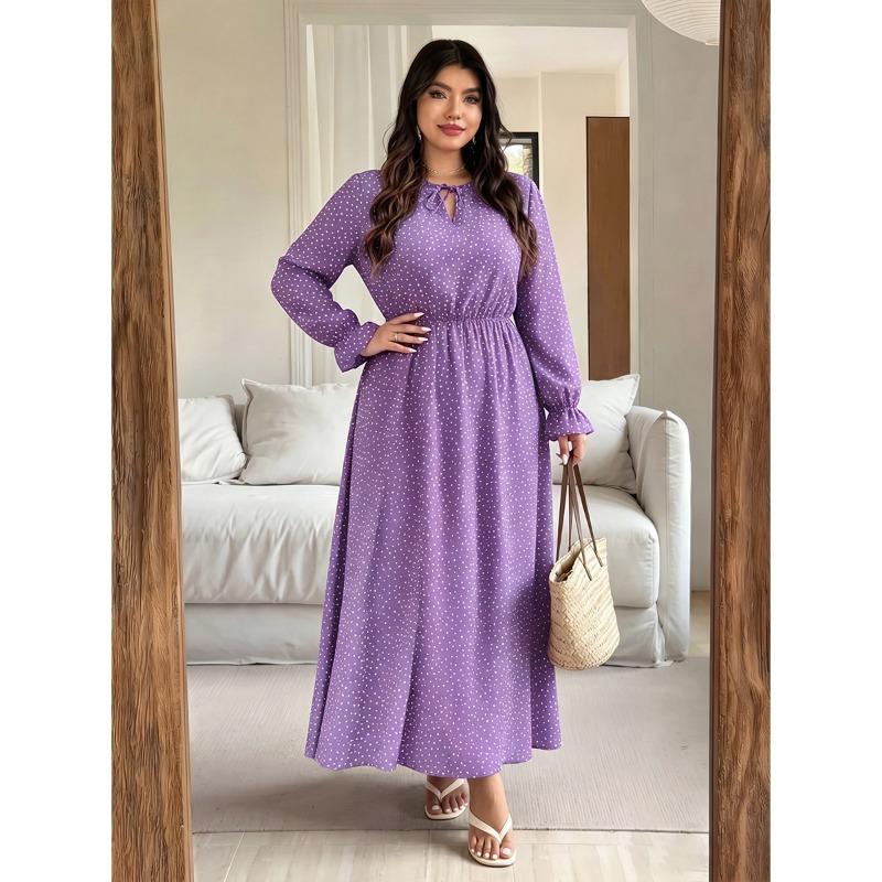 

Fashion Large Size Loose Polka Dot Dress Women s Solid Color V-neck Tie Waist Cinching Long Sleeved Dress Casual Elegant Party A-line Holiday Clothes 4XL фіолетовий