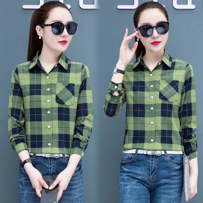2025 Women's Korean Style Plaid Slimming Shirt - Casual Long Sleeve Print for Spring & Autumn Students