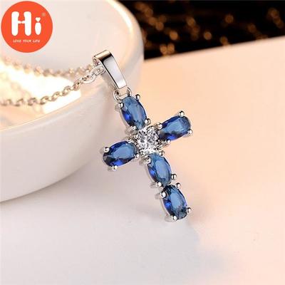 Hi Blue Oval Zircon Cross Pendant Necklace for Women Silver Color Chain Charm Necklace