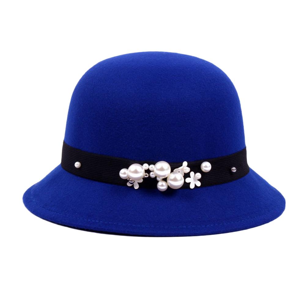 Vintage Women Domed Woollen Hat Adult Fashion Rivets Pearl Decoration Warm Lady Bucket Cap in Winter Autumn Outdoor