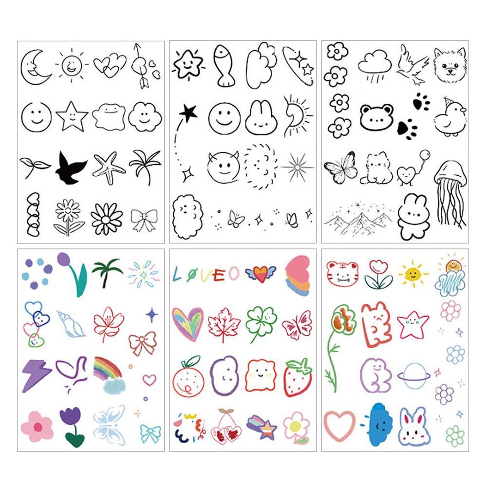 JELUNA Fluffy Cute Black and White Illustration Tattoo Sticker 6-Piece Set T-122, 1 Set
