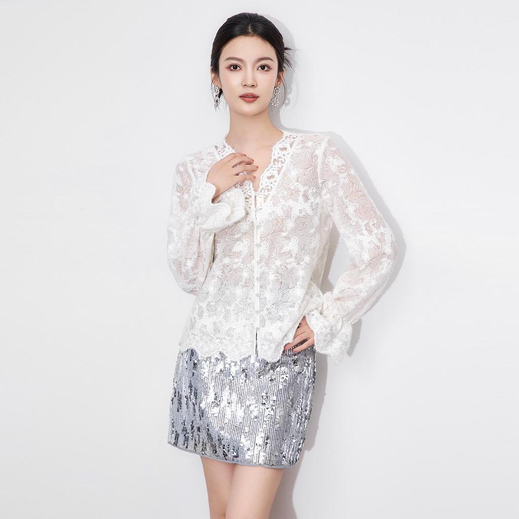 Women's V-Neck Lace Top with 3D Embroidery Design