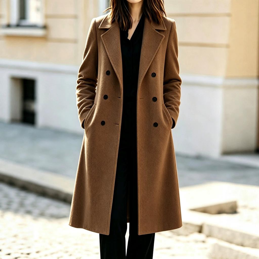 Amazon European and American women's clothing autumn and winter fashionable and simple double-breasted long-sleeved solid-color woolen jacket