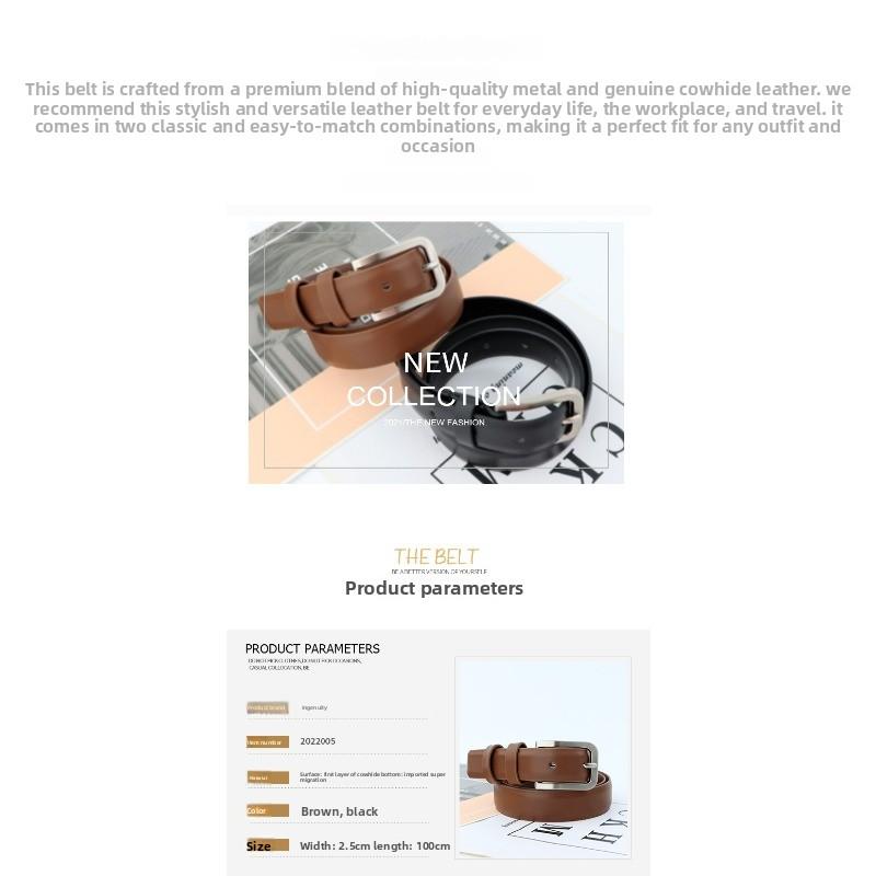 Genuine leather pin buckle women's belt - unisex, durable, top grain cowhide waist belt