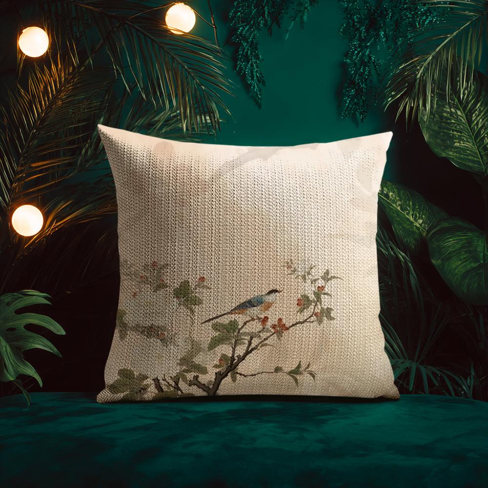 Chinese Style Simple Bird Flowers Cushion Cover Silky Elegant Comfort Sofa Bed Invisible Zipper Beach Pillowcase