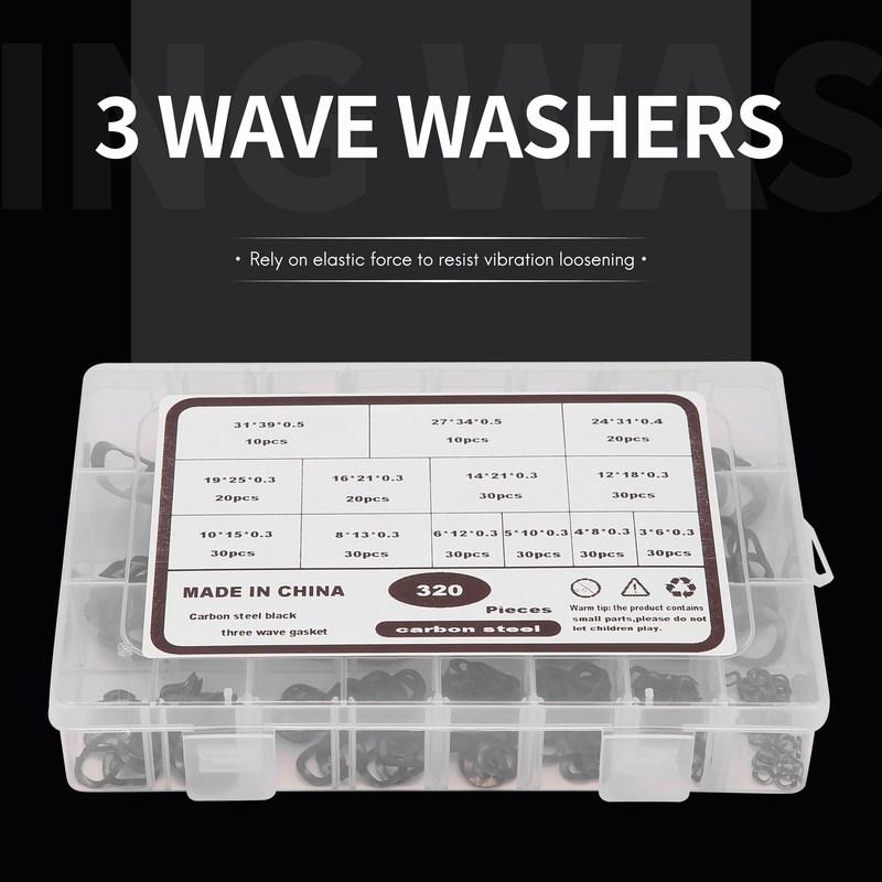 ABYA 320Pcs Carbon Steel Compression Type Wavy Wave Crinkle Spring Three Wave Washers Assortment Kit