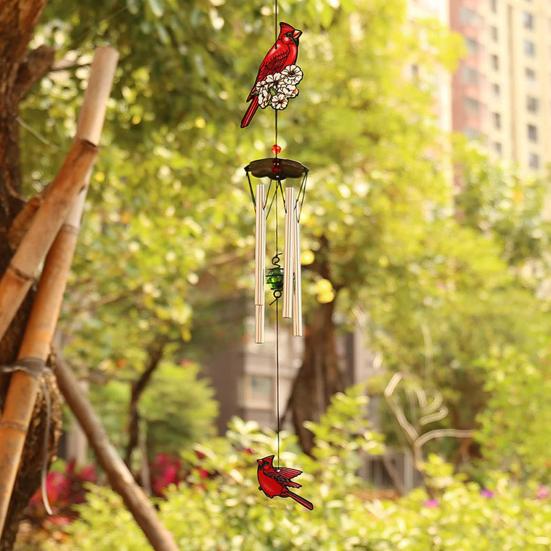 Bird Wind Chimes for Outside Stained Glass Bird Hanging Windchime with 4 Tubes for Balcony Garden Porch Backyard Decor