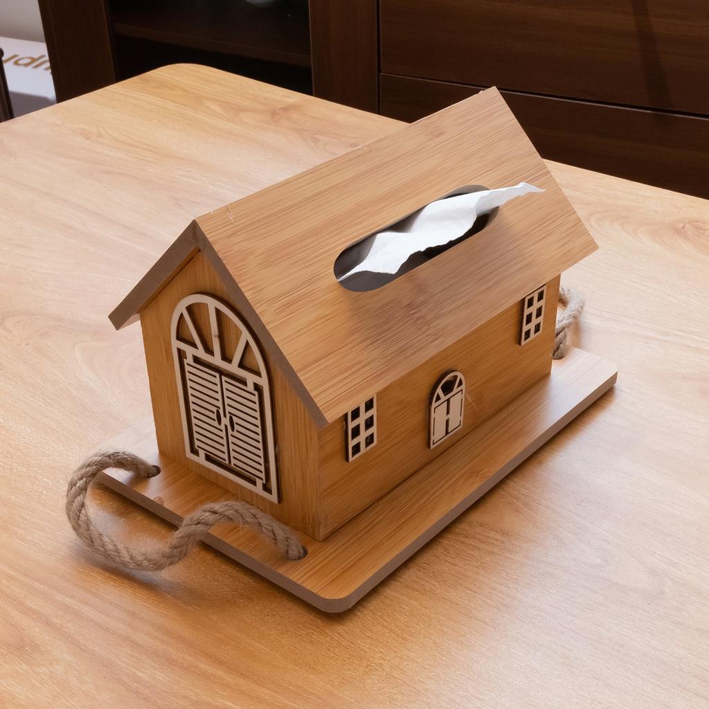 Wood Grain House,Shaped Tissue Box, Modern Country BB Design with Wooden Jute Rope Tray,Nightstand Deco,rMultipurpose Vintage Style Storage Box