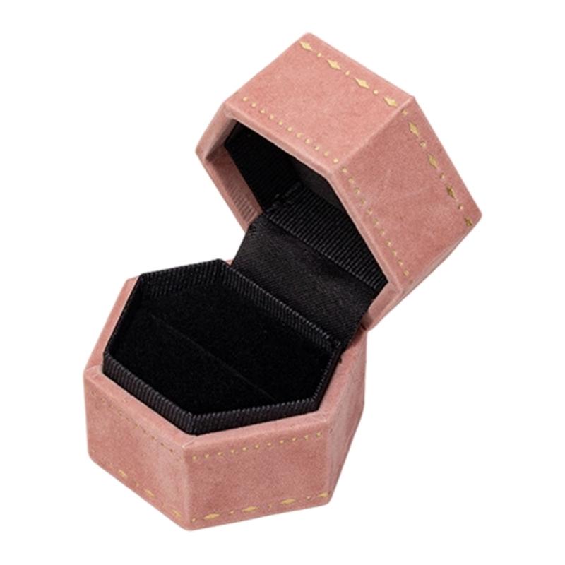 Hexagonal Ring Box with Gold-Tone Decorative Pattern, Velvety-Covered Case for Ring Storage and Gift Presentation
