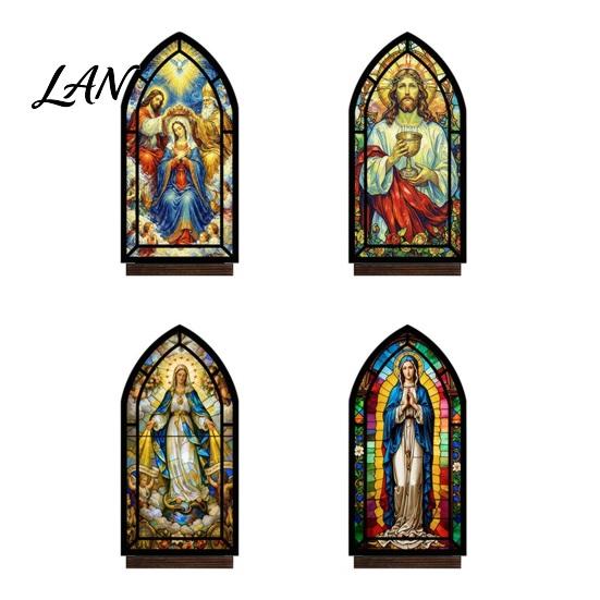UV Printed Halloween Decor Candle Holder, Gothic Stained Glass Style Translucent Panel Lamp Retro Spooky Candlestick, Tabletop Atmosphere Ornament for
