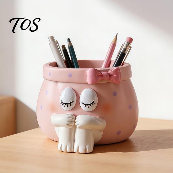 Unique Birthday Gifts for Girls Cute Cartoon Girl Pen Holder, Resin Makeup Brush Decorative Desktop Storage Accessories Organizer with Bow Design,