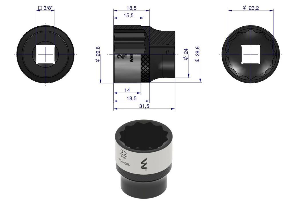 12-Point Socket 3/8". 22 Mm. Crv50Bv30. Din 3124. Waryński