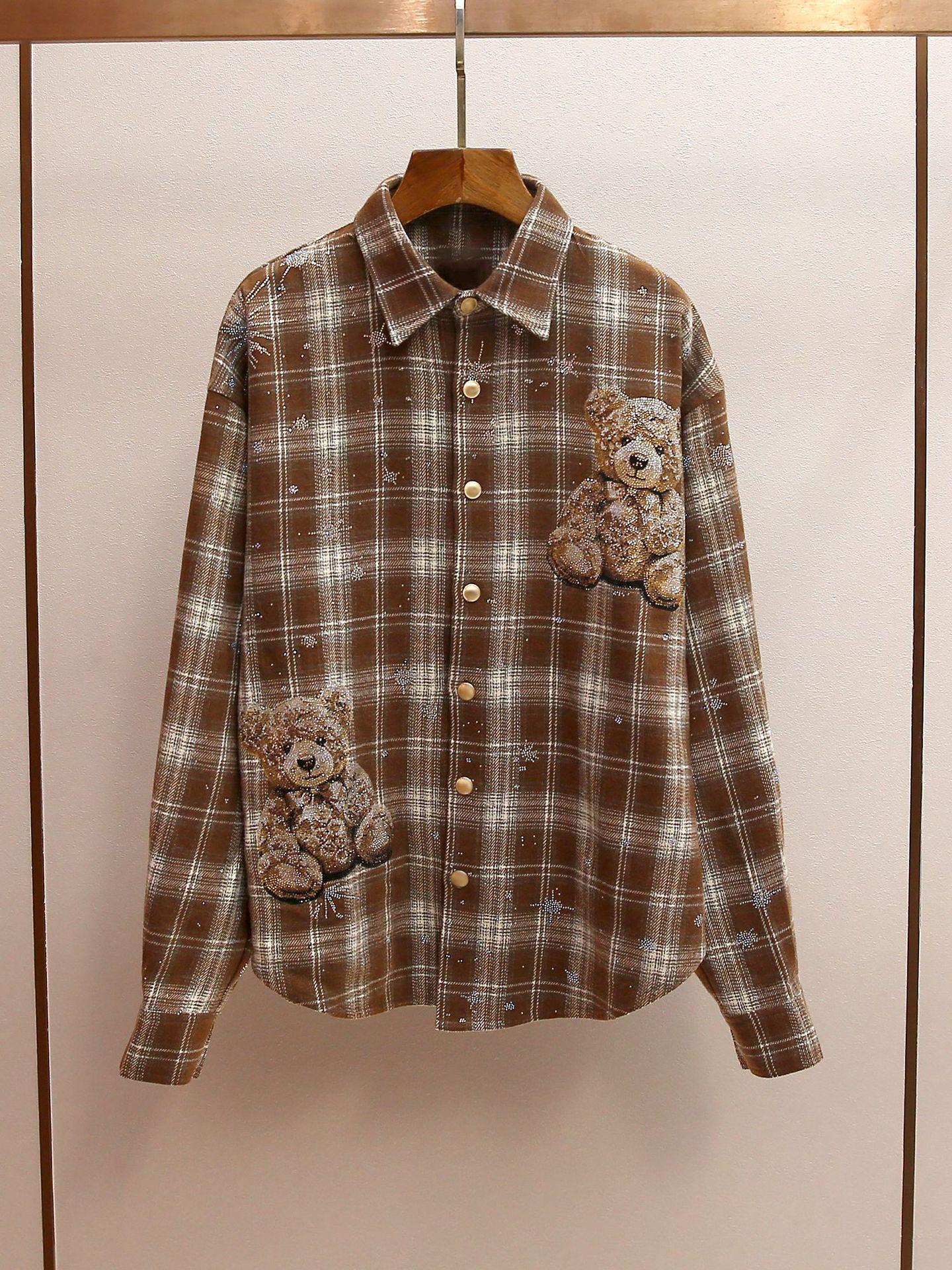Женская осенне-зимняя клетчатая рубашка с лацканами и мишкой из страз Nanyou S коричневый