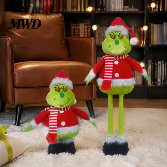 Christmas Tree Ornament Green Elf Plush Toy, Soft Stuffed Animal Doll with Standing Retractable Long Leg for Holiday Home Fireplace Mantel Decor Party