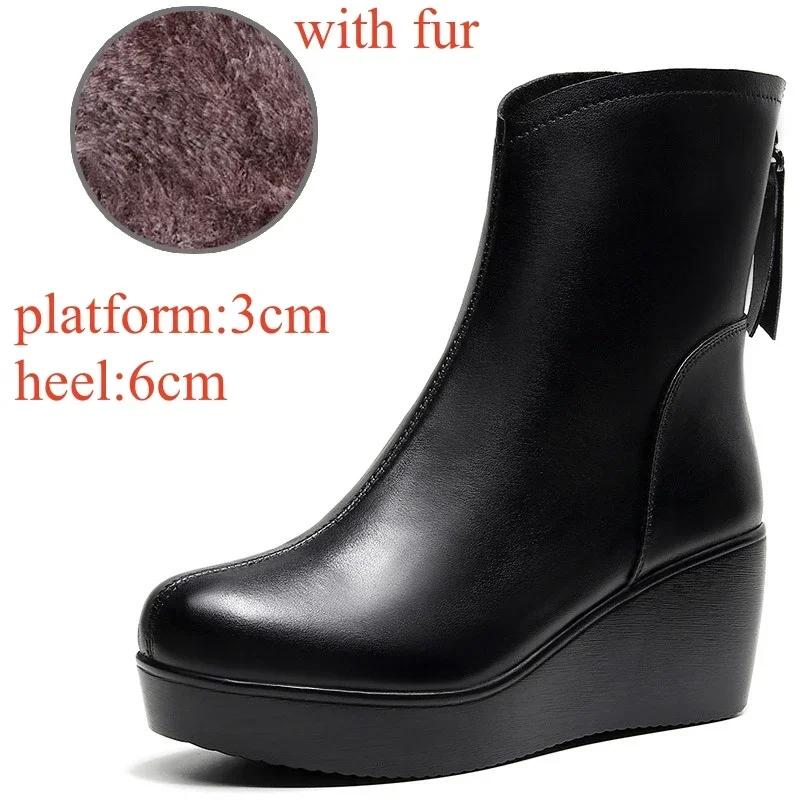 8cm Small Size 32-43 Vintage Genuine Leather Shoes Women's Ankle Boots Winter  High Heels Wedges Shoes Fur Motorcycle Boots