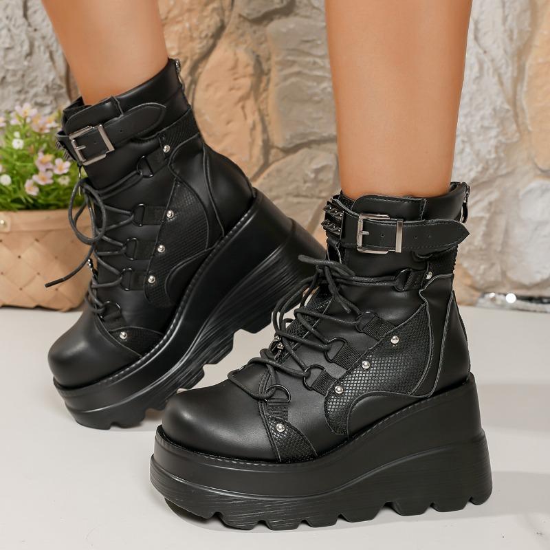 Fashion Platform Heels Autumn New Round Toe Deep Mouth Metal Buckle Front Lace-Up Anti-slip Wear-resistant Short-thigh Boots
