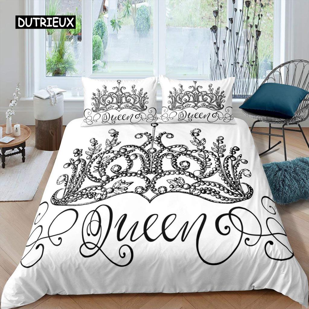 Queen Duvet Cover Set Hand Drawn Crown with Queen Lettering Baroque Style Elements Twin Bedding Set Black and White Quilt Cover