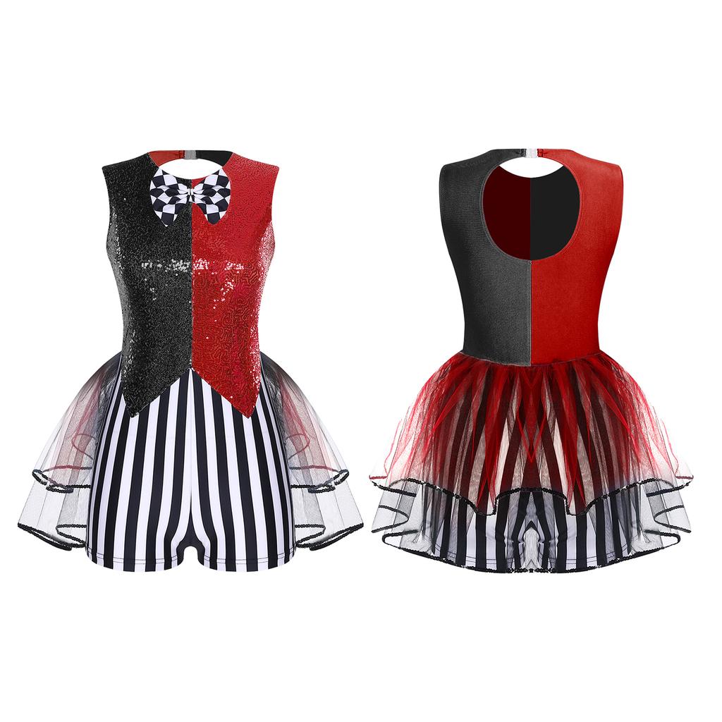 S-3XL Women’s Halloween Jumpsuit: Color Blocking Sequin & Striped Patchwork Checker Bowtie Tiered Tulle Hem Cutout Rompers Mad Costume