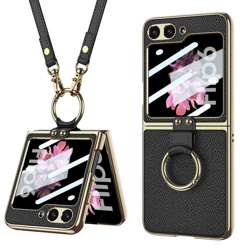 Luxury Plating Leather Shoulder Strap Case For Samsung Galaxy Z Flip 6 Screen Glass Ring Holder Cover For Galaxy Z Flip 5 Cases