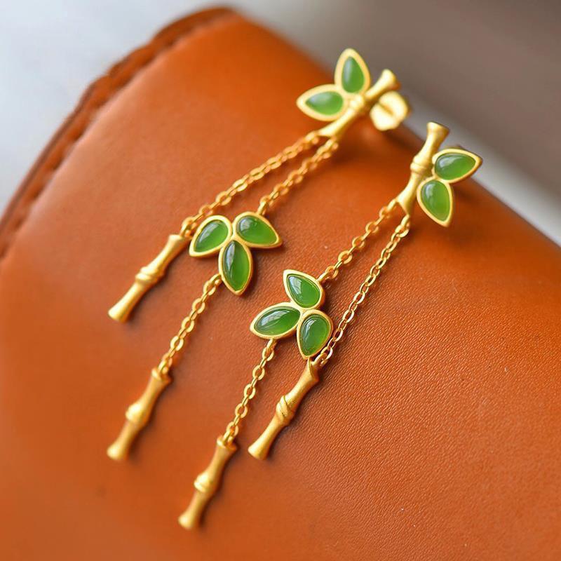 Designer's Unique Craftsmanship Jaspis Lange Sektion Bambus Tropfen Hängeohrringe Eleganter Charme Kreativer Damenschmuck