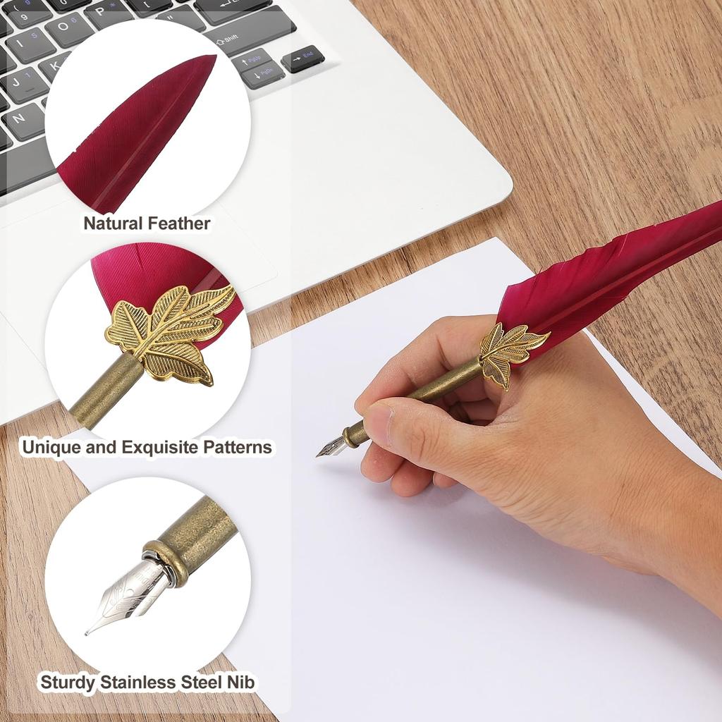 PATIKIL Feather Pen 1 Vintage Feather Calligraphy Fountain Dip Pen Pen for Beginner with Interchangeable Dark Red Set, Set, Pen, Set, Ink, Holder,