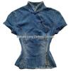 Vintage Chinesisches Denim Qipao Oberteil: Kurzärmelig, Stehkragen, Taillengürtel, Froschknopf, Tägliches Streetwear-Design für Damen.