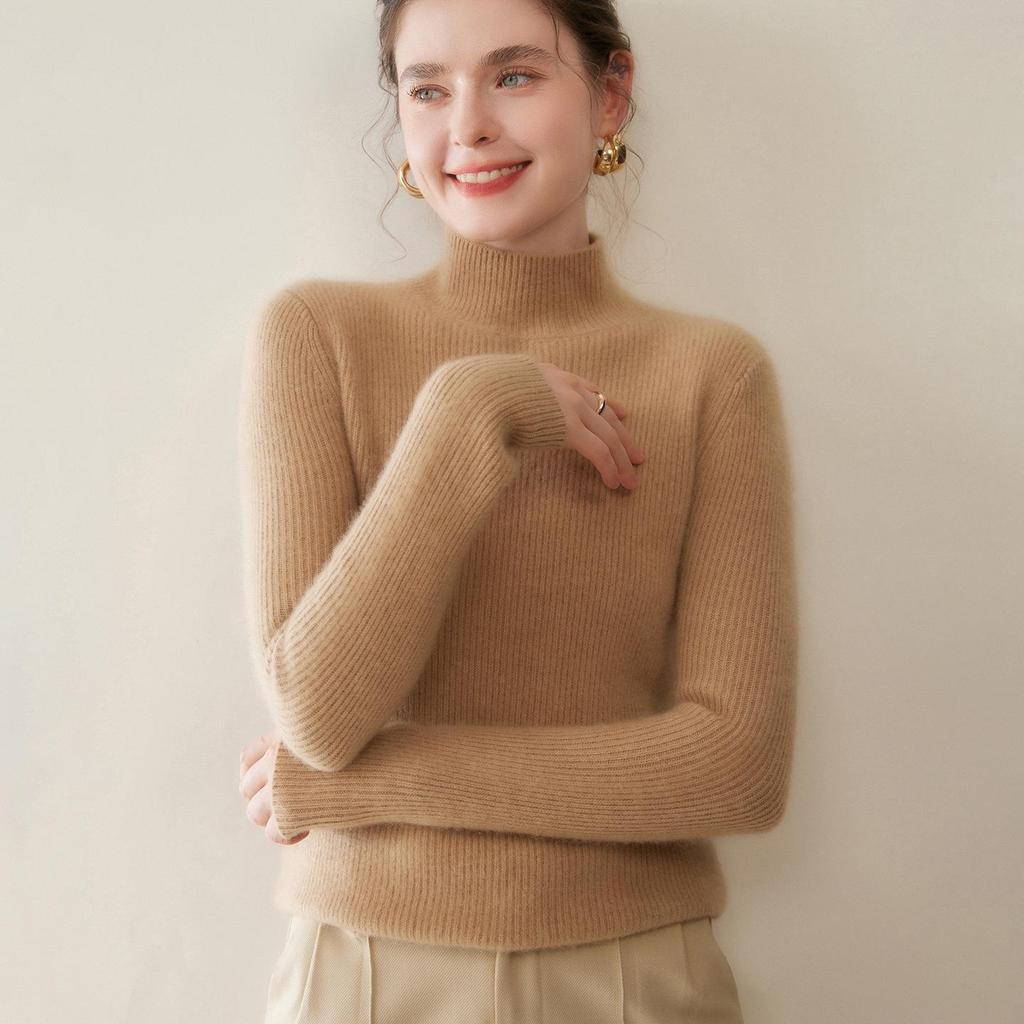 Women's Thickened Double-Strand Cashmere Sweater: Soft, Skin-Friendly, Ribbed, Slim-Fit, Solid Color, Half-High Collar, Flattering Knit Design.