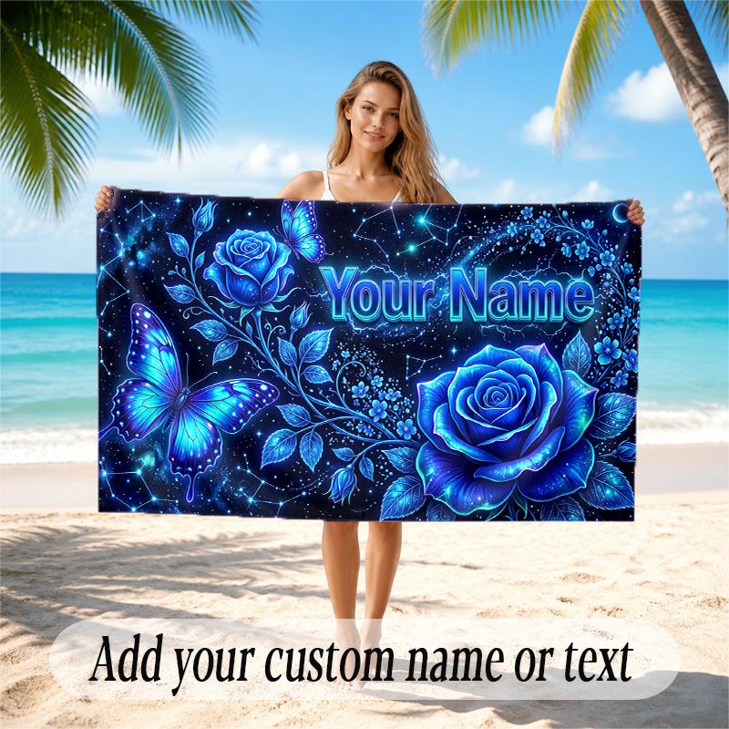 Floral Garden Theme Quick Dry Beach Towel Custom Name Text Print Large Sand Resistant Towel Beach Vacation