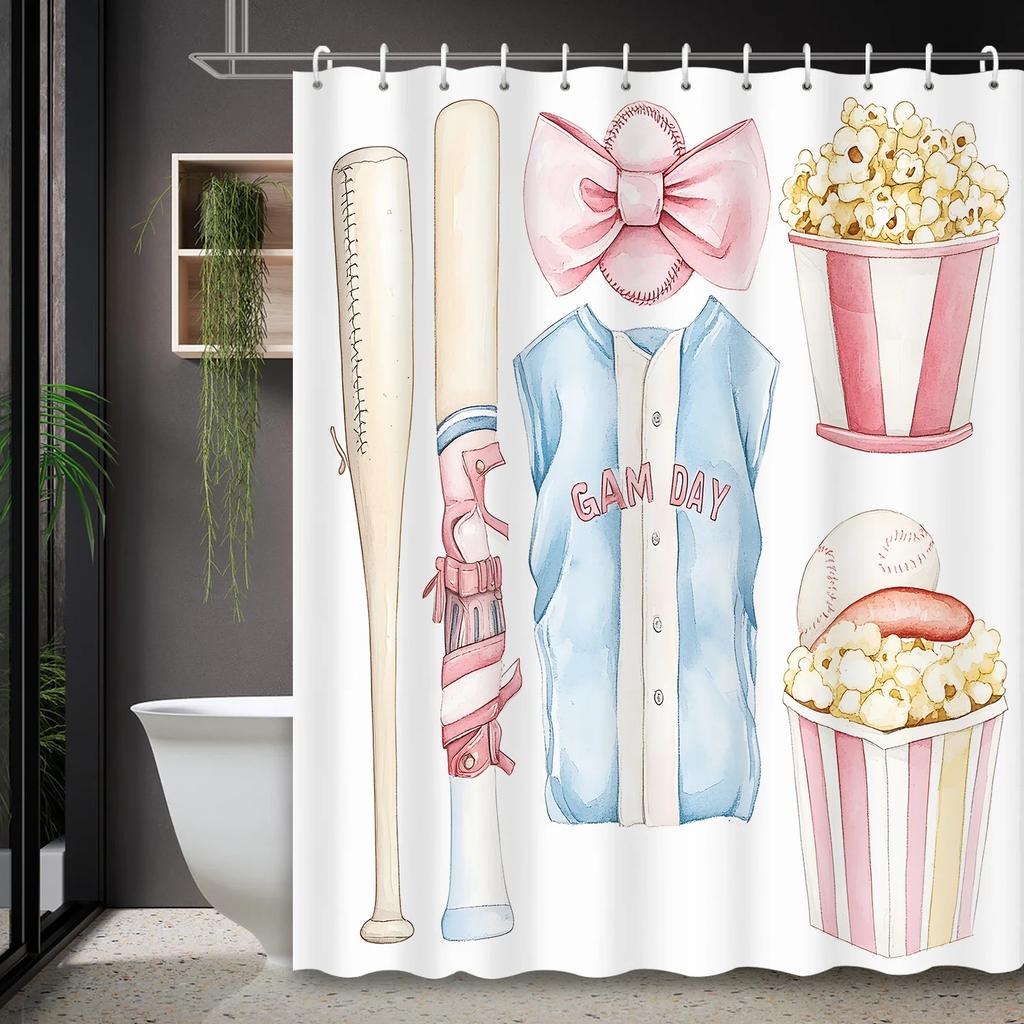 Vintage Watercolor Baseball Bowknot Popcorn Print Shower Curtain with 12 Hooks - Polyester Bathroom Decor