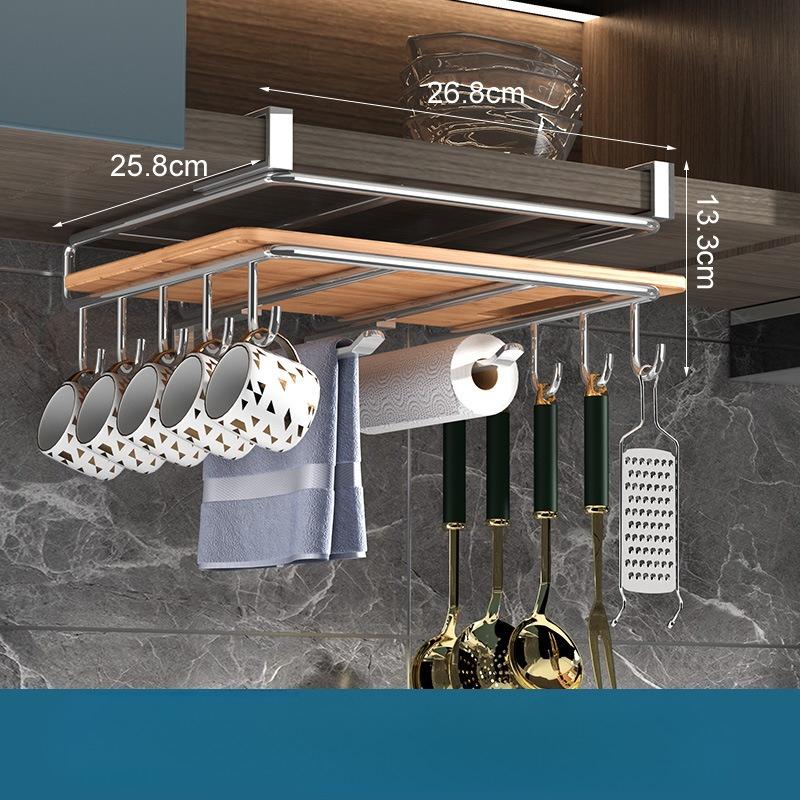 Kitchen Under Cupboard Hanging Organizer Rack with Hook Paper Towel Rags Hanger Cutting Board Pot Cover Holder Storage Shelf
