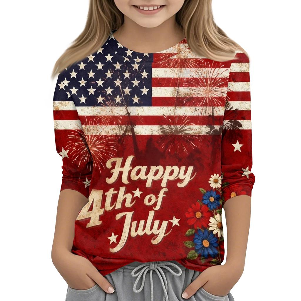 Children's Independence Day Printed Round Neck Seven Quarter Sleeve Casual T-shirt