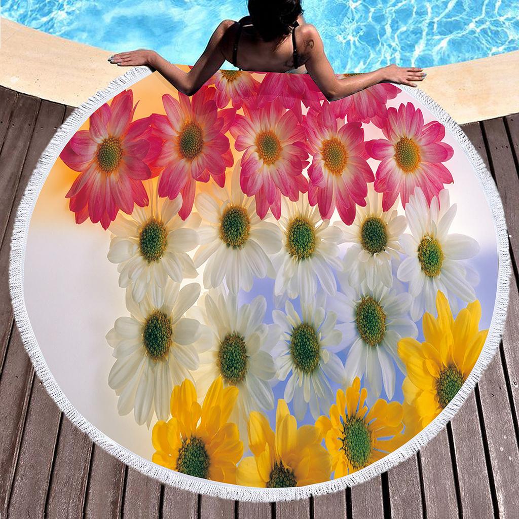 Botanical Daisy Floral Round Beach Towel,Microfiber Garden Flower Circle Beach Blanket,Roundie Yoga Meditation Mat Picnic Rug