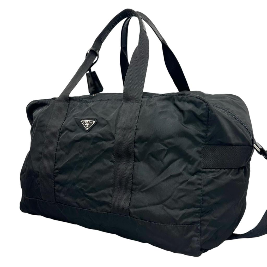 PRADA Triangle logo Boston bag black unisex used
