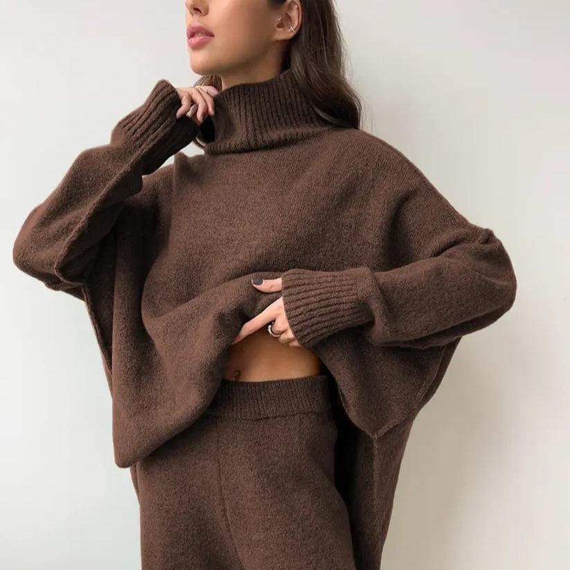 Solid Color Loose Turtleneck Knit Sweater Wide Leg Pants Suit