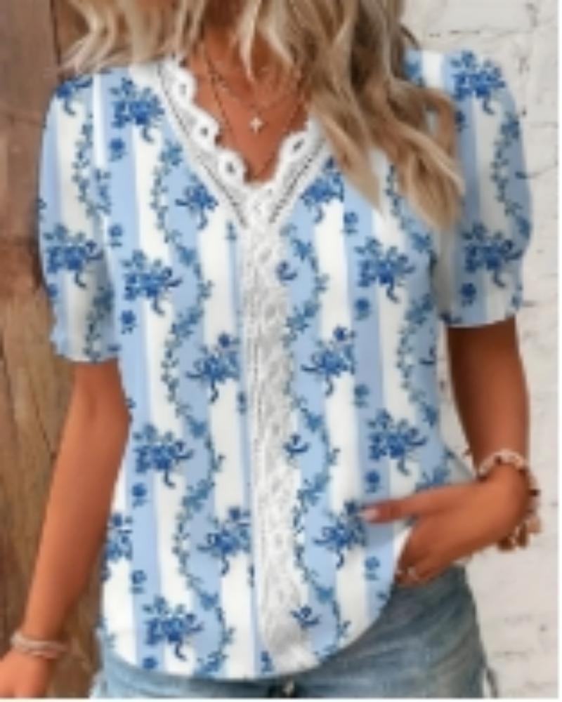 Mode Lässig Urlaubshemd Damen Sommer V-Ausschnitt Aushöhlung Einfarbig Bluse Weiblich Elegant Gestreift Jacquard Lässige Oberteile