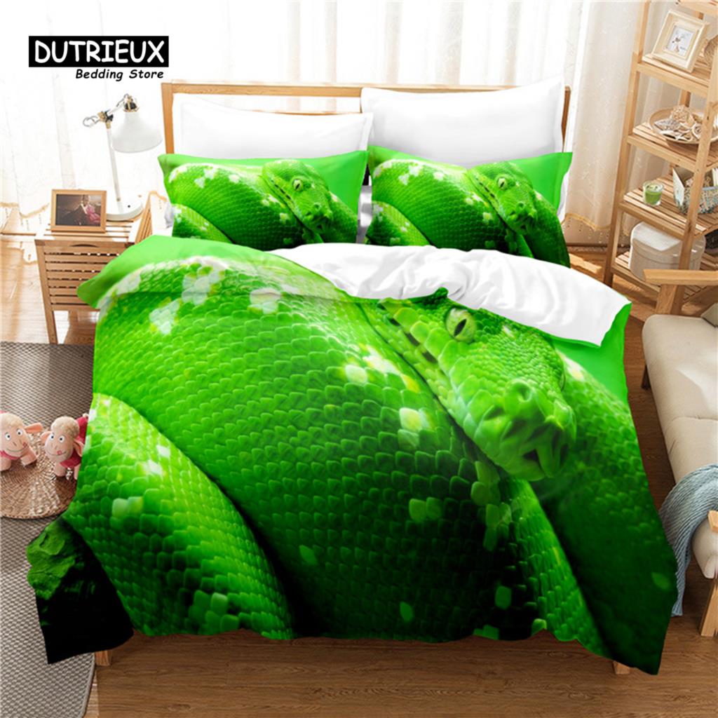 Stylish Elegant 3pcs 3D Green Snake Soft Comfortable Breathable For Bedroom Guest Room Decor Quilt