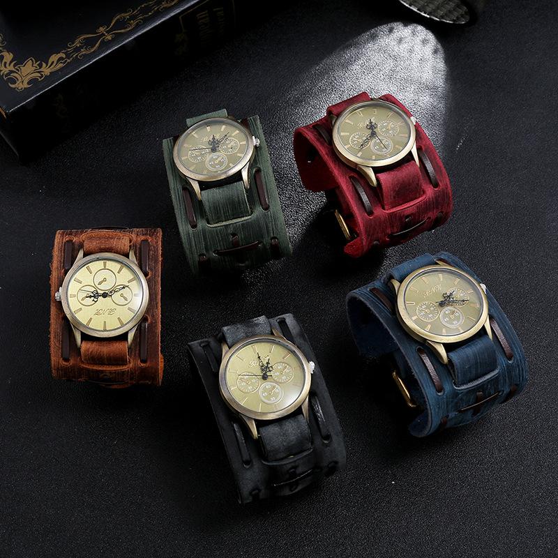 Men'S Watches Punk Retro Decorative Wide Strap Watch Male Reloj Clock Leather Bracelet Quartz Military Man Wristwatch