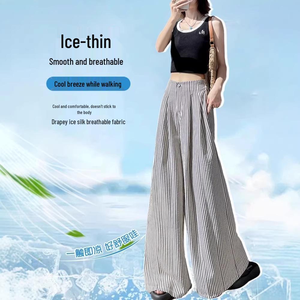 2026 Women's Ice Silk Striped High-Waisted Wide-Leg Pants for Summer