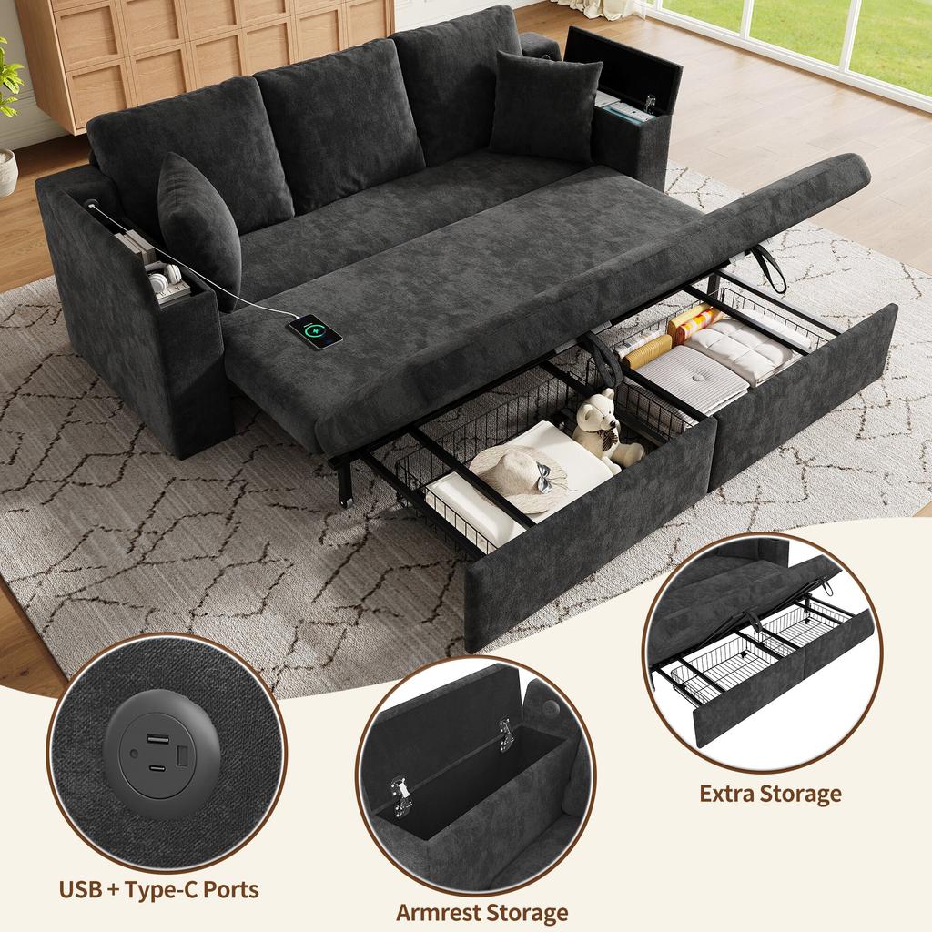 3-in-1 Multifunctional 3-Seater Sofa with Sleep Function, Pull-Out Metal Frame, Storage, Armrest Tray and USB Charging Port, Grey.[old sku:N653P2570G]