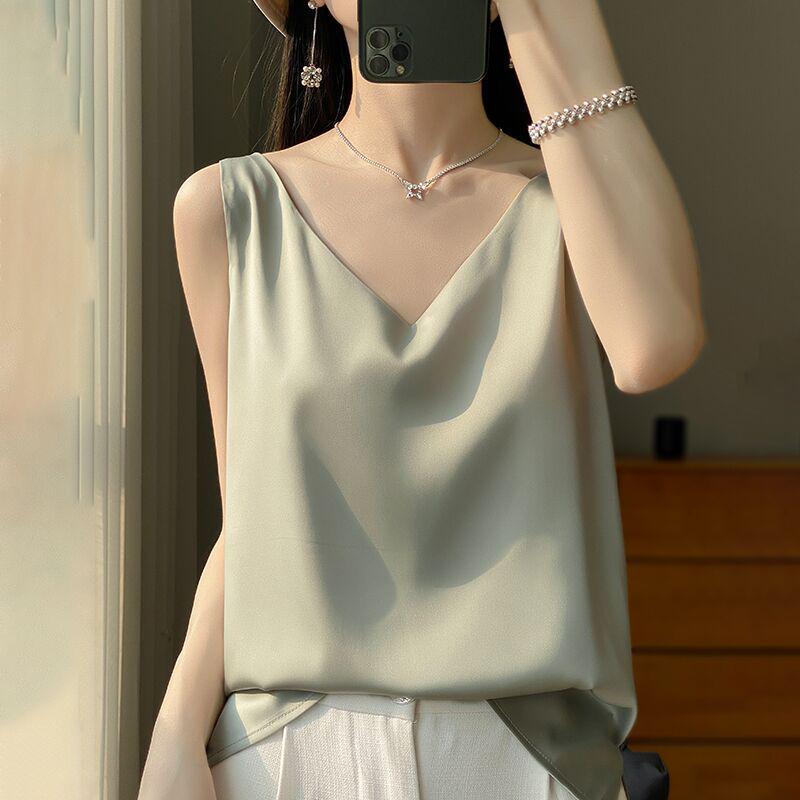 Women's Stylish Satin V-Neck Spaghetti Strap Vest - Sexy Back Inner Layer for Spring/Summer Suits