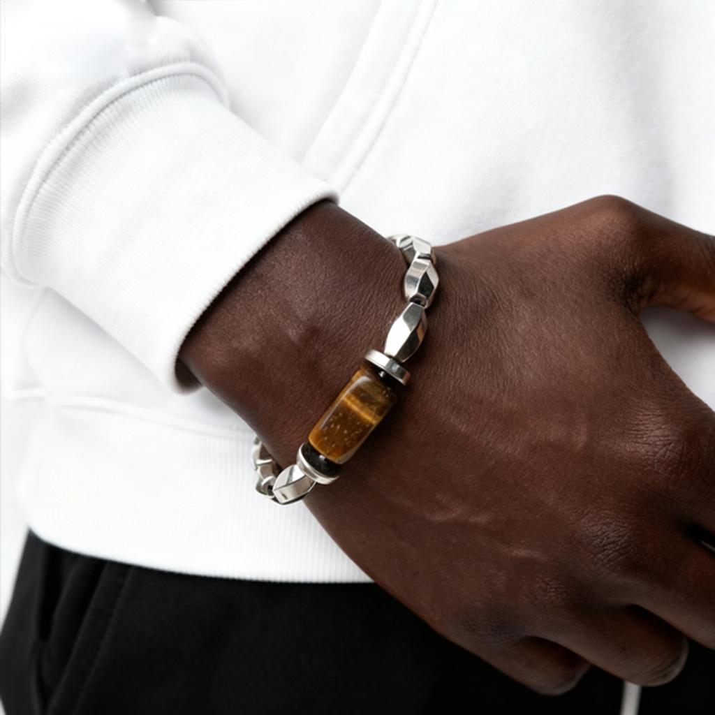 Silver Color Retro Irregular Beaded Bracelet for Men, Chic Tiger Eye Stone Elastic Chain Bracelet, Fashion Punk Jewelry Gift