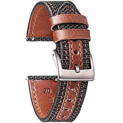 Hemsut Watch Band, Genuine Leather and Nylon Watch Band (22mm Brown + Black), Quick Release Watch Strap, Stainless Steel Silver Watch Buckle. Availabl