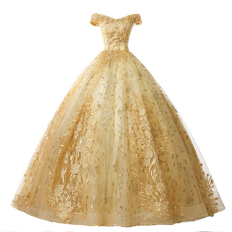 Golden evening dress women's 1011 new atmospheric stage performance tutu skirt long host company annual meeting dress