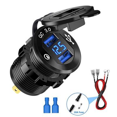 Carregador rápido 3.0 36W para carro, carregador duplo USB QC3.0 à prova d'água com interruptor de voltímetro para motocicleta ATV, barco, RV marinho, 12V/24V