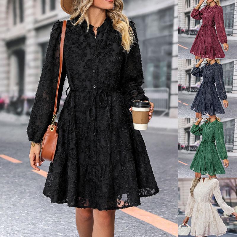 European and American Elegant Retro Lace Long Sleeve Dress - Multicolor Spring & Autumn Style