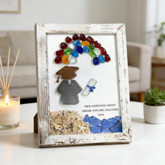 Class of 2026 Seaglass Decoration Handmade Sea Glass Graduation Wall Art Framed Sea Glass Artwork Desktop Wall Ornament Graduates Gift