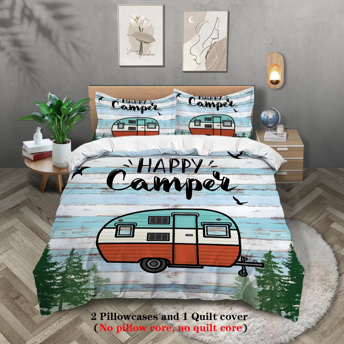 3-delige set, dekbedovertrekset met happy camper- en bospatroon, queen, king, tweepersoonsbed, party grappige en creatieve beddengoedset 135x200cm-GER-Single