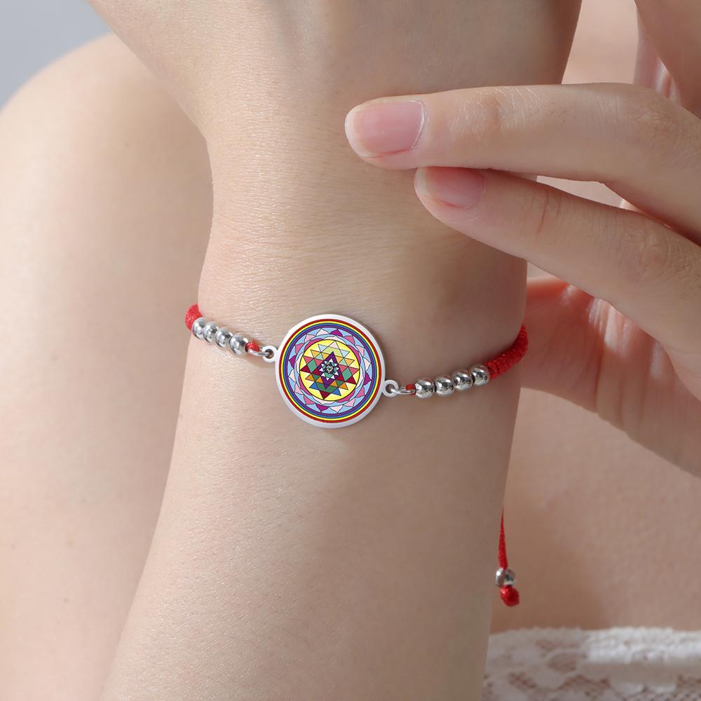 Dawapara Sri Yantra Bracelet Adjustable Braided Rope Sacred Geometry Mandala Chakra Spiritual Jewelry Stainless Steel