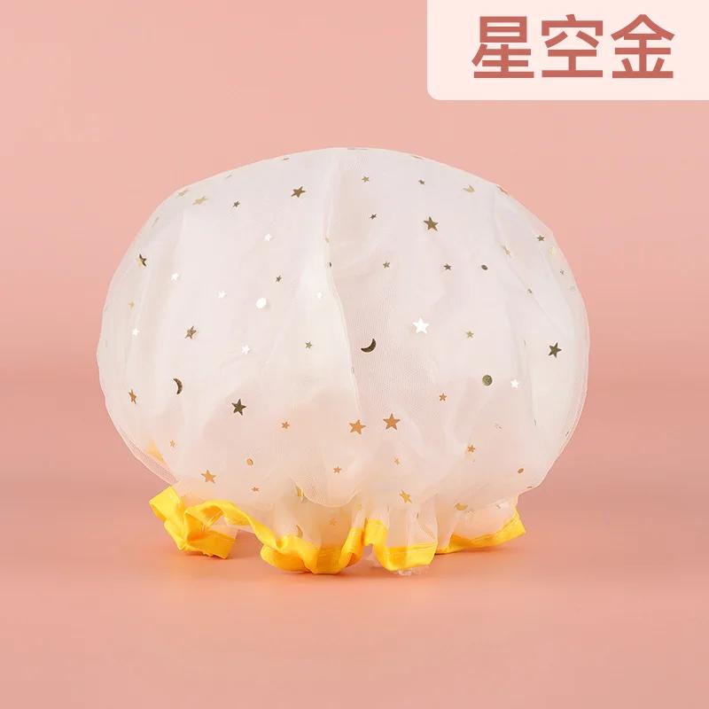 Double Layer Starry Sky Design Thick Waterproof Shower Cap Star Pattern Bathroom Hair Salon Supplies Bath Hat Bonnets for Women