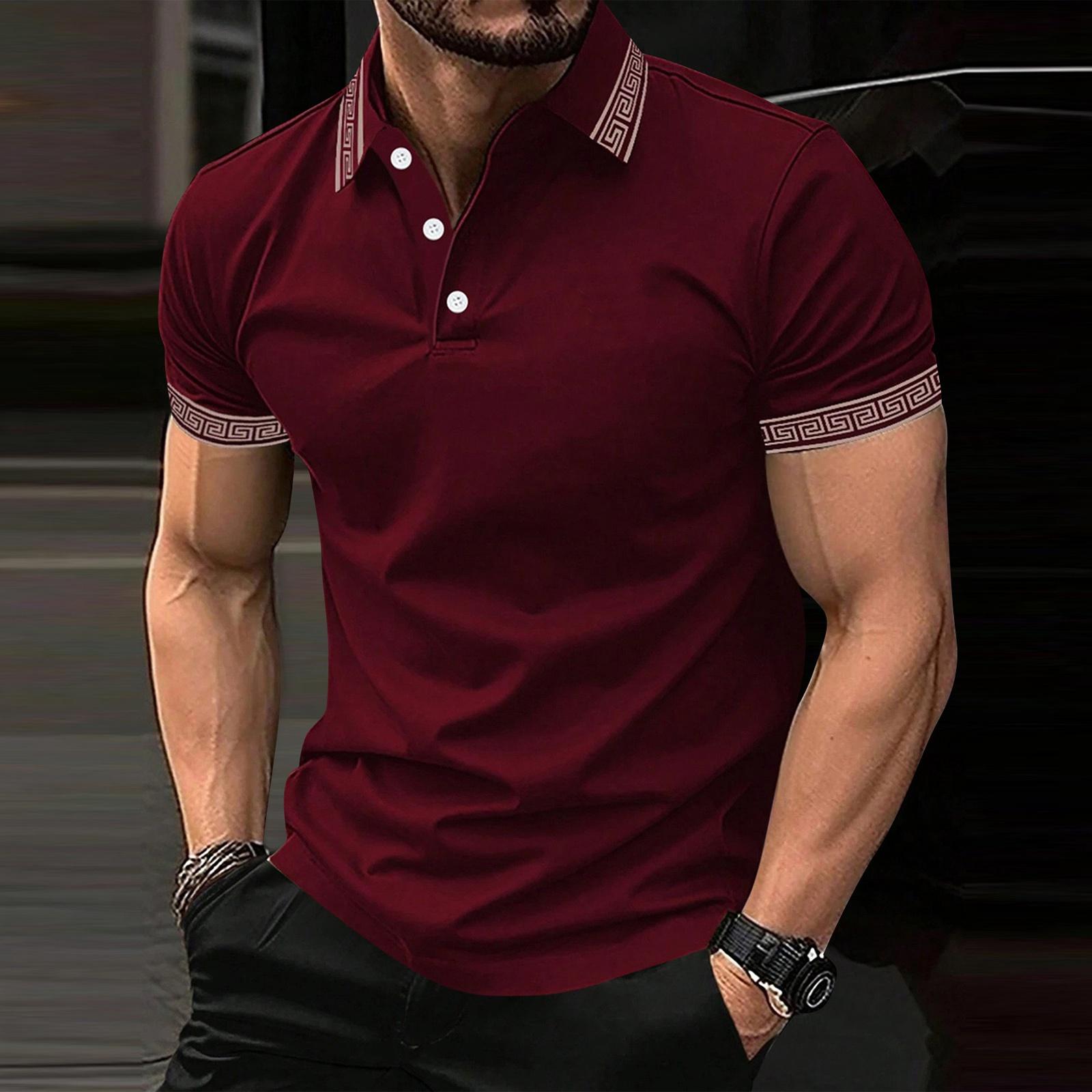 

Men s Short Sleeve Polo Shirt with Key Pattern Trim Classic Fit Button Down Collar Casual Top XXL